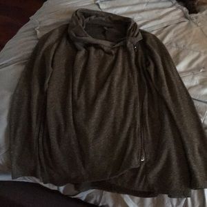 Olive colored wrap sweater with zipper detail